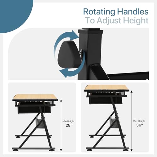 MIRAMINGLE Adjustable Tabletop Drafting Table, 0°-65° Angle Adjustments, Tempered Glass Top, Ideal for Artists & Designers, Alloy Steel Frame, 2 Drawers, Locking Wheels