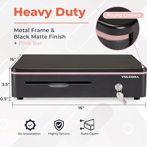 Volcora Cash Register Drawer for Point of Sale POS System with Round Corners 16", Removable Coin Tray, 5 Bill 8 Coin, 12-24V RJ11/12 Key-Lock Media Slot, Money Drawer for Business, Pink Bar/Black