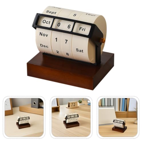 Rotary Perpetual Calendar Desk Decor with Wooden and Metal Stand,Space-Saving Tabletop Date Display for Home Office and Study