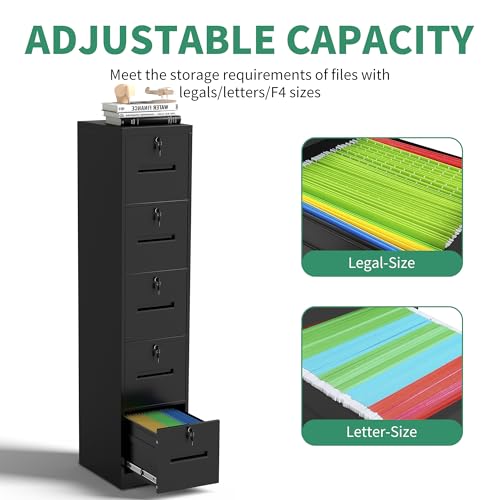 VIYET File Cabinet 5 Drawer with Lock, Vertical Filing Cabinets for Home Office, Metal Steel Storage Cabinet for Letter/Legal Size File, Assembly Required(Black)