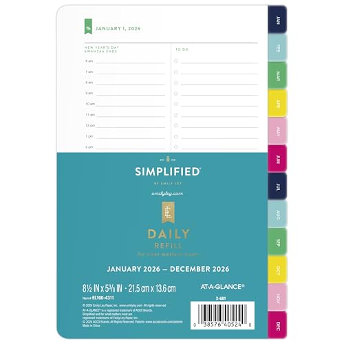 AT-A-GLANCE 2026 Planner Refill, Simplified by Emily Ley, Daily, 5.5" x 8.5", Desk Size, One Page Per Day Refill (EL100-4311-26)