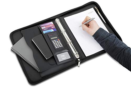 Arpan A4 Zipped Business Executive Conference Folder with Calculator/Ring Binder Portfolio (+ A4 100 Punched Pocket/Sleeves) Black