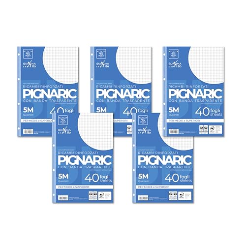 Pigna - Pack of 5 Packs of 40 Sheets A4 Spare Notebook Rings, Perforated Loose Sheets, 4 Reinforced Holes, Sheets with Reinforced Holes, 5 m, Square 5 mm
