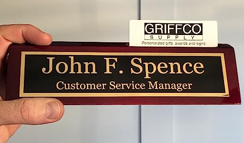 Name Plate for Desk Engraved in USA by Griffco Supply | Desk Name Plate Personalized Plaque with Business Card Holder