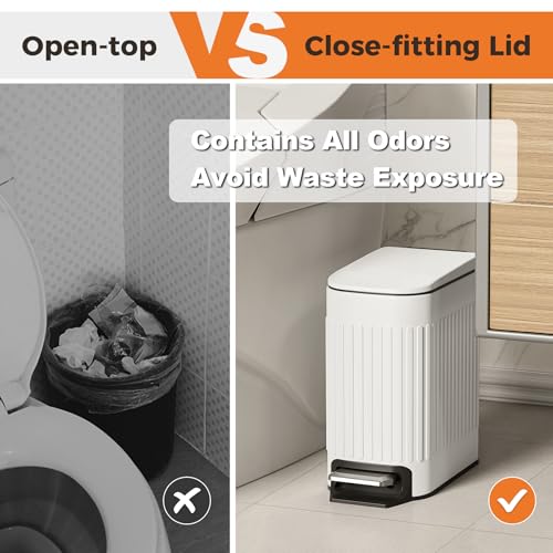 TrashAid Slim Bathroom Trash Can with Lid Soft Close & Pedal, 1.6Gal, White