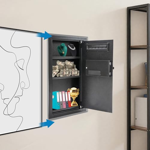 In-Wall Hidden Safe with Electronic Lock - Wall Mounted Safe for Home & Office, Dual Alarm Security, Password & Key Entry for Jewelry, Cash, Documents, 14.57x3.94x25.59 inch, Black