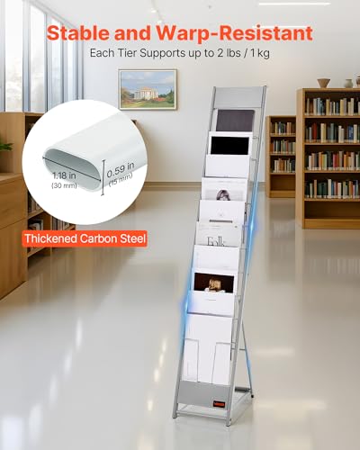 VEVOR Brochure Display Rack, 10 Pockets Magazine Literature Display Stand, Portable Floor Standing Magazine Rack, Metal Newspaper Catalog Holders for Shop, Exhibitions, Office, Trade Show, Silver