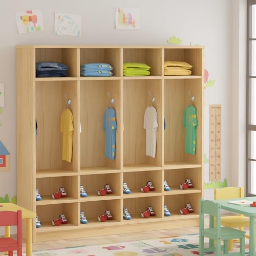 LHIUGE 4-Section Classroom Coat Locker,Kids Cubby Storage Organizer with 12 Cubbies,Wooden Lockers with 8 Hooks,Classroom Cubbies for Home, Office, School, Kindergarten