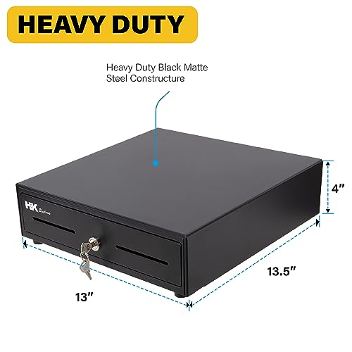 HK SYSTEMS 13inch Heavy Duty Manual Push-Open Cash Drawer with 4Bill/5Coin, Removable Till, Two Medial Slots, Black