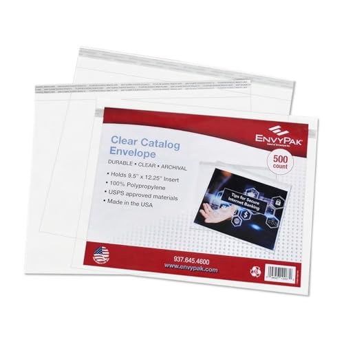 EnvyPak Clear Booklet Envelopes, 10.25 x 13.25 Inches, 4.5 Mil Heavy Duty Polypropylene, Permanent Peel & Stick Closure, Fits 9.25 x 12.25 Inserts, Made in USA (500)