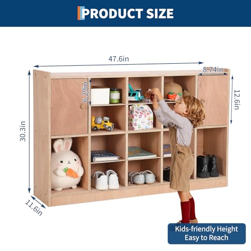 GarveeTech Cubby Tray Storage Cabinet with 2 Doors, Storage Organizer Cubes with 2 Anti-Flip Fittings, 4 Castors and 2 Boxes for Home, School, Kindergarten, Classroom Furniture, Natural