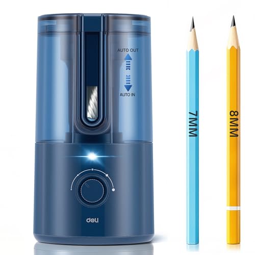 Deli Electric Pencil Sharpener, Fully Automatic Pencil Sharpener for 6.9-8mm No.2 & Colored Pencils, Auto in & Out, Rechargeable Hands-Free Sharpener for Classroom, Home, Office, Blue