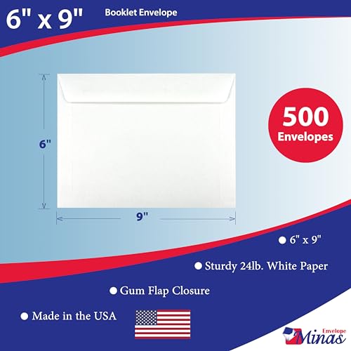 500 Minas Envelope 6" x 9" Booklet Envelopes (Open Side), Sturdy 24lb. White, Gum Flap, 500/Box