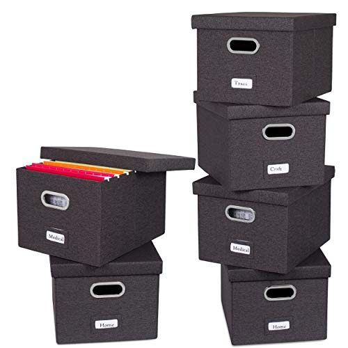 Internet's Best Collapsible File Storage Organizer with Lid - Decorative Linen Filing & Storage Office Box – Hanging Letter/Legal Folder – Home Office Bins Cabinet – Charcoal Container - 6 Pack
