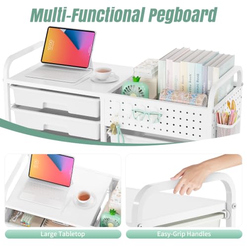 14 Drawer Rolling Storage Cart with Tabletop and Pegboard for Crafts Green