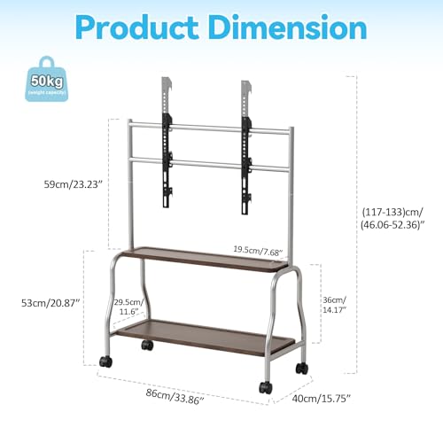 Newuzis Mobile TV Stand, 32-75 Inch Rolling TV Cart with Locking Wheels 2-Tier Storage Shelves 110lbs Capacity for Home Office Classroom Stainless Steel