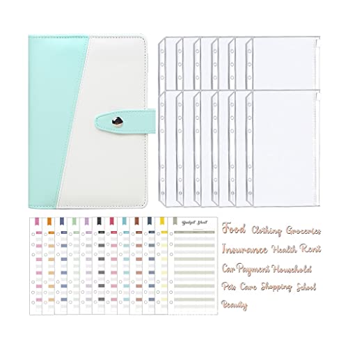 A6 PU Leather Binder Budget Planner Cash Envelope System with 12 PCS Pockets, 12PCS Expense Budger Sheets(D)