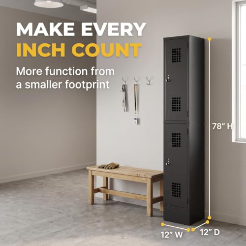 SunSierra 12” x 12” x 78” Single 2 Door Metal Locker - Black Freestanding Steel Cabinet with Ventilated Lockable Compartments for Employee Storage, School, Gym, Office and Breakroom