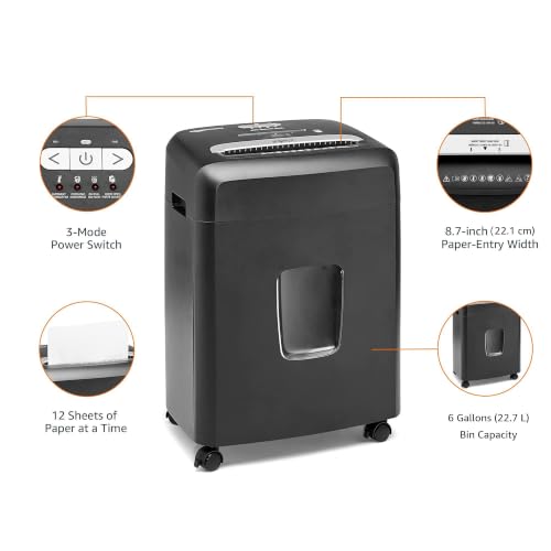 Amazon Basics 12 Sheet High Security Micro Cut Paper, Credit Card and CD Shredder with 6 Gallon Easy Emptying Bin, Casters, Black