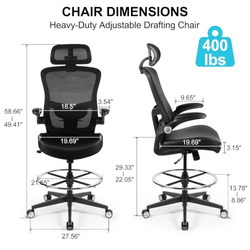 Drafting Chair 400lbs Tall Office Chair Heavy Duty Ergonomic Standing Desk Chair with Adjustable Lumbar Support, Flip-Up Armrests, Footrest Ring and Headrest