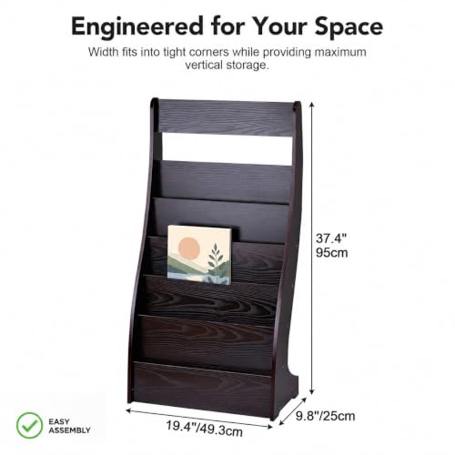 Quvex 5-Tier Magazine Rack with Wheels, 37.4" Tall Curved Display Stand