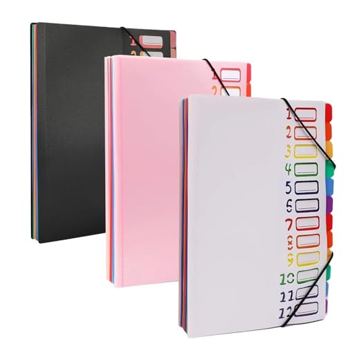 File Folders A4 Letter Size, Multicolor 12 Pocket Expanding Project Sorter Heavy Duty Monthly Plastic Expandable Folder Organizer File Jacket(Black)