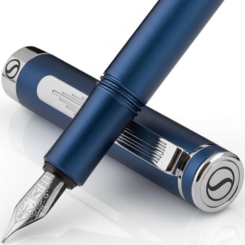 Scriveiner Luxury EDC Fountain Pen (Medium), Stunning Matt Blue Pocket Pen, Chrome Finish, Schmidt German Nib, Converter, Best Writing Pen Gift Set for Men & Women, Nice Fancy Office Designer Pen