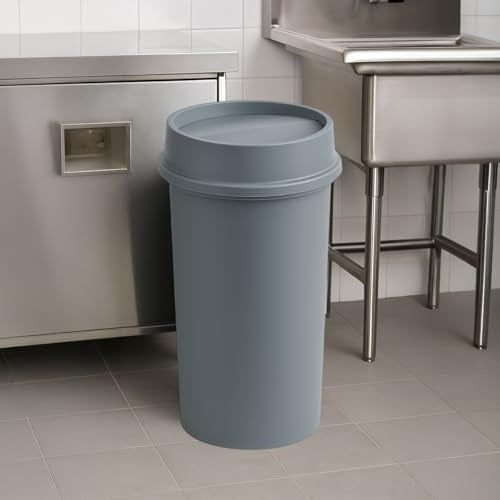 22 Gallon Round Gray Commercial Trash Can with Swing-Top Lid - Hands-Free Polyethylene Wastebasket for Office, School, Facility, and Commercial Use - Dent & Crack Resistant