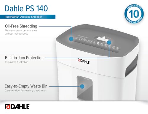 Dahle PaperSAFE PS 140 Paper Shredder, Oil Free, Jam Protection, Security Level P-4, 10 Sheet Max, Shreds Staples, Paper Clips & Credit Cards