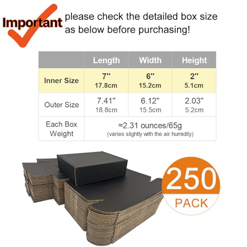 CH-BOX 250 Pack 7x6x2'' Small Shipping Boxes, Corrugated Cardboard Mailers for Business, Black (CM762B-250)