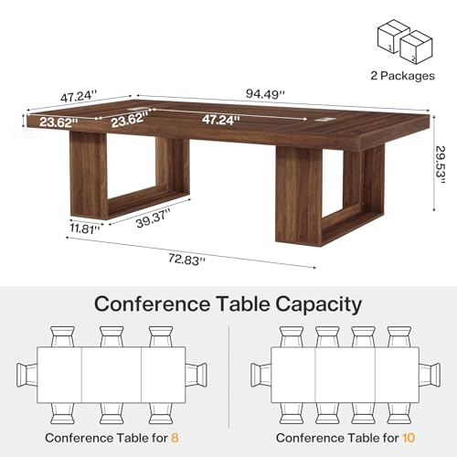 Tribesigns 8FT Conference Table for 10 People, 94.5" W Large Meeting Table with 2 Cable Grommet, Business Style Seminar Boardroom Podcast Tables for Conference Room, Brown