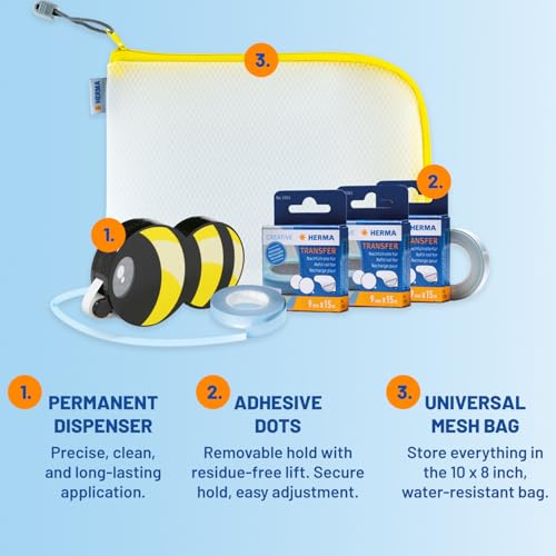 HERMA Removable Double Sided Tape Runner (Bee-Shaped), 3 Refills & Pouch