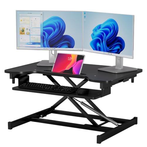 FDW Standing Desk Converter 32 inches Adjustable Height Stand Up Desk Computer Desk Workstation Steel Home Office Ergonomic Computer with Keyboard,Black