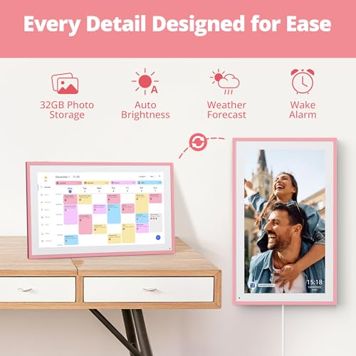 Dragon Touch 15.6 Inch Digital Calendar Wall - 1920 x 1080 FHD Electronic Wall Calendar Family Planner with 32GB Memory and Wall Mount, Touchscreen Intelligent Desk Calendar, Pink