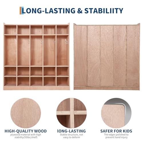 FinerFurnis 5-Section Classroom Coat Locker with 20 Cubbies, Daycare Cubby with 5 Hooks, 2 Storage Boxes and 4 Casters for Easy Mobility, Perfect for Home, School, Kindergarten Organization