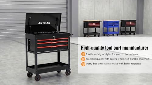 KEIKI 3-Drawer Rolling Tool Cart with Lift-Up Steel Top, Utility Tool Box, Multi-Functional Tool Storage Organizer Cabinet for Garage, Warehouse, Workshop, Repair Shop, Black