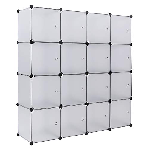 16 Cubes Storage Organizer,Portable Closet Wardrobe,Plastic Clothes Storage Shelves,Modular Bookcase Closet Cabinet,with Doors,for Kitchen, Bedroom, Playroom, Living Room, Office, Dorm (White)
