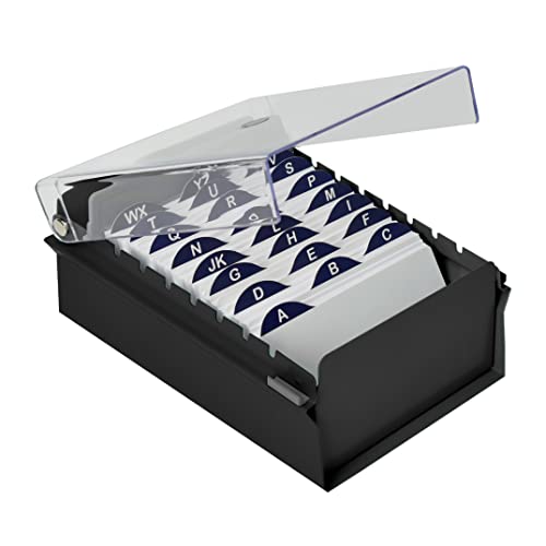 Acrimet 3 x 5 Card File Holder Organizer Box Metal Base Heavy Duty (AZ Index Cards and Divider Included) (Black Color with Clear Crystal Plastic Lid Cover)