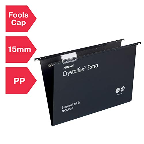 Rexel Foolscap Heavy Duty Suspension Files with Tabs and Inserts for Filing Cabinets, 15 mm Base, Polypropylene, Black, Crystalfile Extra, Pack of 25, 3000080