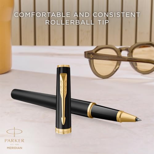 PARKER Meridian Rollerball Pen | Matte Black Lacquer with Gold Trims | Fine Nib | Handwriting Pens & Stationery Supplies | Black Ink | Luxury Gift Box