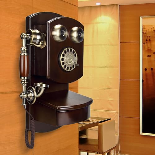 Vintage Rotary Wall Telephone Retro Landline Phones for Home Classic Wood Corded Wall European Old Fashion HD Call with Redial Function Mechanical Ringer for Office Cafe