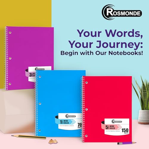 Rosmonde Bulk Spiral Notebook, 24 Pack, 1 Subject, Wide Ruled, 70 Sheets