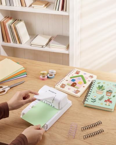 MUNBYN Multi Binding Machine, Mini Book Binding with 2 Detachable Heads(Round & Square), Great for Home, School, Office​- DIY Small Book Binder for Notebooks, Calendars, Albums, Journals, White