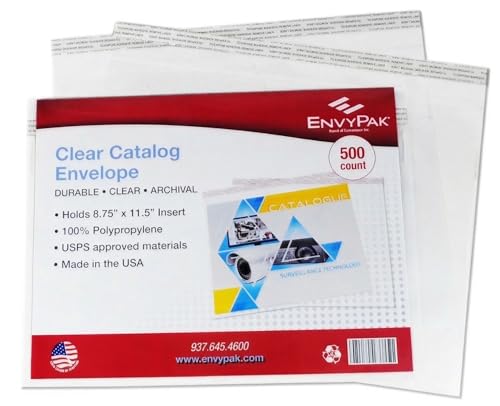 EnvyPak 9 x 12 Clear Booklet Envelopes, 4.5 Mil Heavy Duty Polypropylene, Peel & Reseal Adhesive, USPS Approved Materials, Crystal Clear Catalog Mailer, Fits 8.5 x 11 Inserts, Made in USA