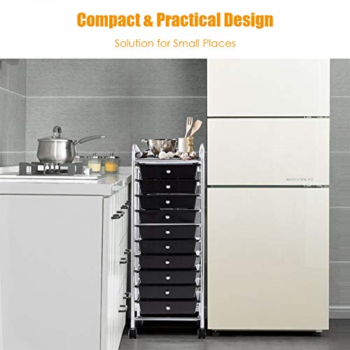 OFFICEJOY Storage Cart, Rolling Utility Cart with 10 Drawers, Portable Handles & Lockable Wheels, Mobile Paper Toys Storage Organizer Large Capacity for Home Office School Teacher (Black)