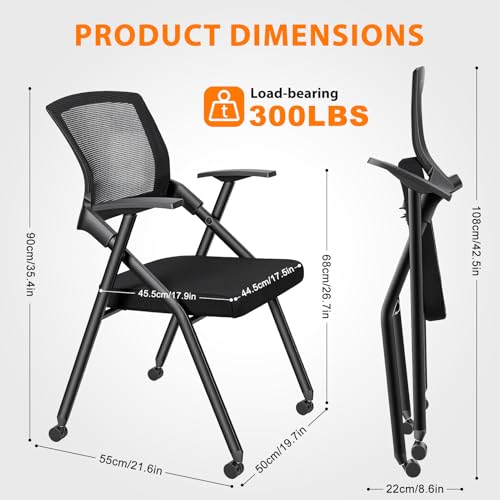 Qirvek Foldable Office Chair with PU Wheels and Smooth Armrest-Ergonomic Mesh Bouncing Back, Stackable Conference Room Chair, Office Guest & Reception & Meeting Chair (Black)