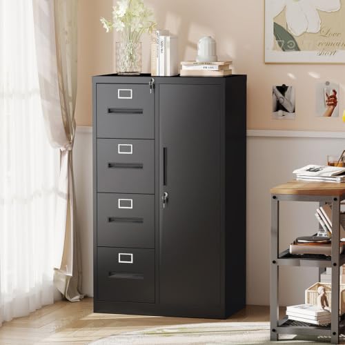 LMAOSS 4 Drawer File Cabinet with Lock, Vertical File Cabinet with Lock, 1 Door, Shelves and Adjustable Hanging Rails, Metal Storage Cabinets for Home, Office, Garage, School,Black