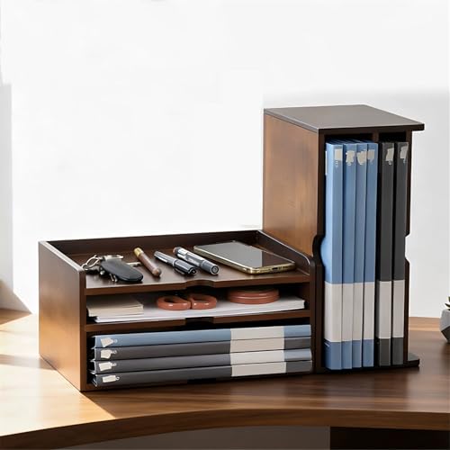 Display Storage Shelves Desktop Four-Tier Bookshelf Wooden Retro Filing Storage Rack for Office Home Freestanding
