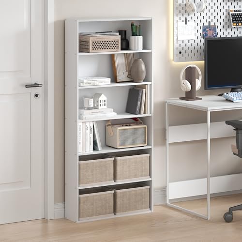 Furinno Basic Book Shelf, 6-Tier Bookcase with Open Shelf, Bookshelf, Cube Storage Organizer, 7 x 24 x 53, for Living Room, Bedroom, Home Office, White
