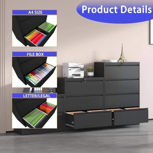 leoglint Lateral File Cabinet 2 Drawer, Black Filing Cabinet with Lock, Lockable File Cabinet for Home Office, Locking Metal File Cabinet for Legal/Letter/A4/F4 Size